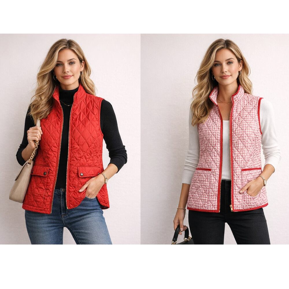 Appleseeds Reversible Quilted Vest Women's Size L Orange/Gingham Pockets Preppy